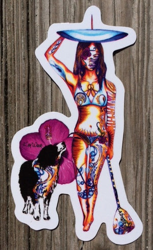 Colorful ecclectic sticker of paddle girl walking with dog walking alongside with a hibiscus flower in the background.