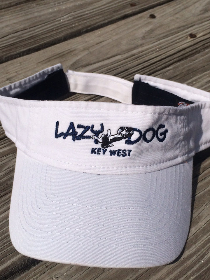 White Lazy Dog Brand  Washed Cotton Twill Visor with Navy underbill. Velcro closure.