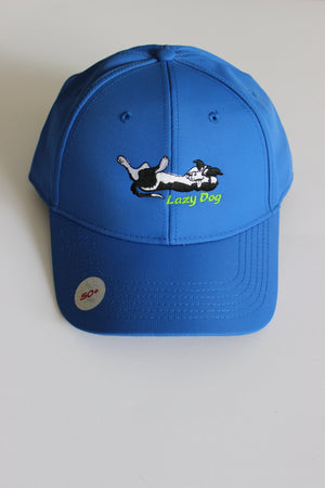 Royal Blue Lazy Dog Brand Performance Hat with black and white border collie and green "Lazy Dog" lettering embroidered in center of hat. Hat is nylon with black underbill and sweatband. Hat offers UPF 50+ sun protection