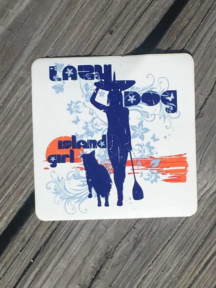 Square Lazy Dog Sticker with orange faded sunset and blue silhouette of paddle girl and her dog with light blue flower swirl embellishments